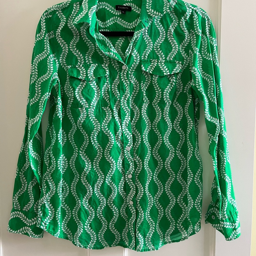 Talbots Green and White Patterned Button Down Shirt